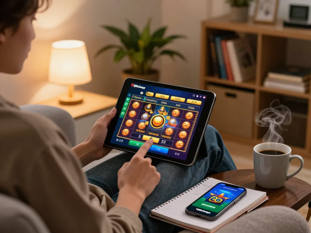 Engaging home gaming experience with 789clubgo app on tablet, cozy environment