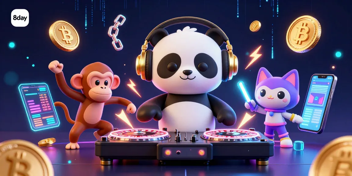 Engaging scene displaying 8day's vibrant casino atmosphere with DJ panda, monkey dancer, and kitten in rave gear.