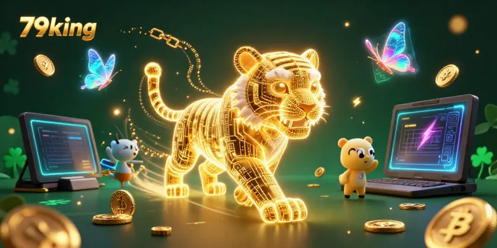 Experience the thrill of 79king with an electrifying 3D casino scene showcasing a golden tiger and holographic elements.