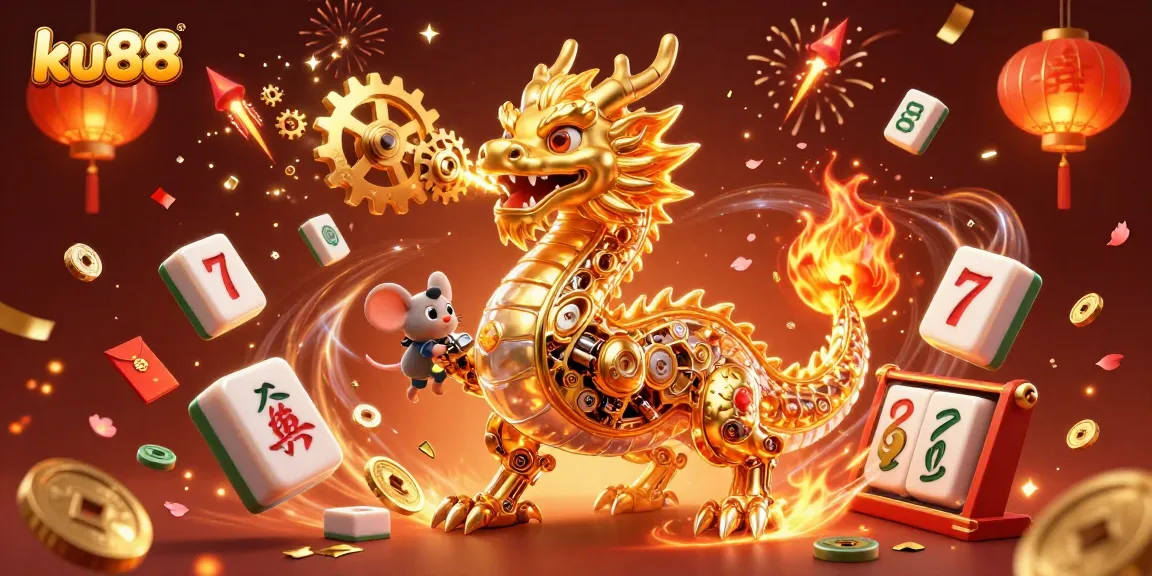 Engage with ku88’s immersive casino world featuring a golden dragon and vibrant game elements.