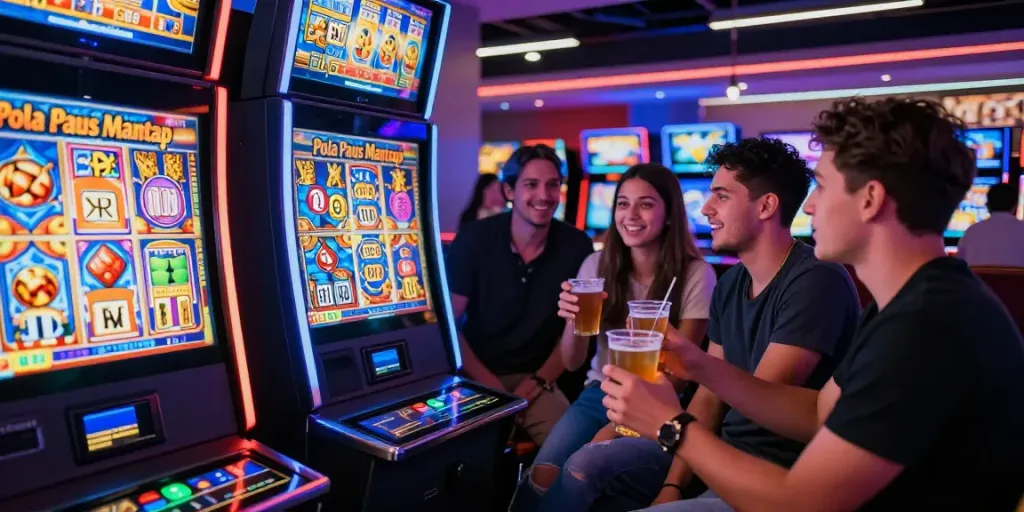 Explore the vibrant world of rokok88 slot with friends at a lively casino bar.