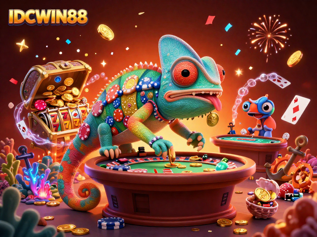 Play at IDCWIN88 with an energetic casino scene featuring a colorful chameleon and thrilling game elements.