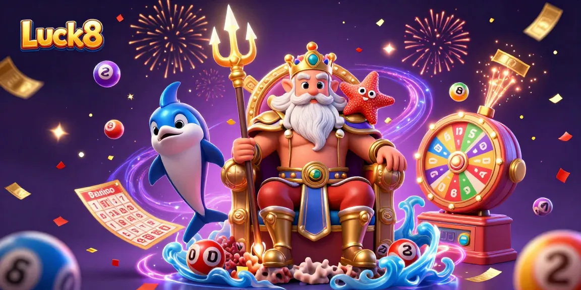 Experience the thrill of Luck8 with vibrant lottery balls and Neptune amidst a magical celebration.