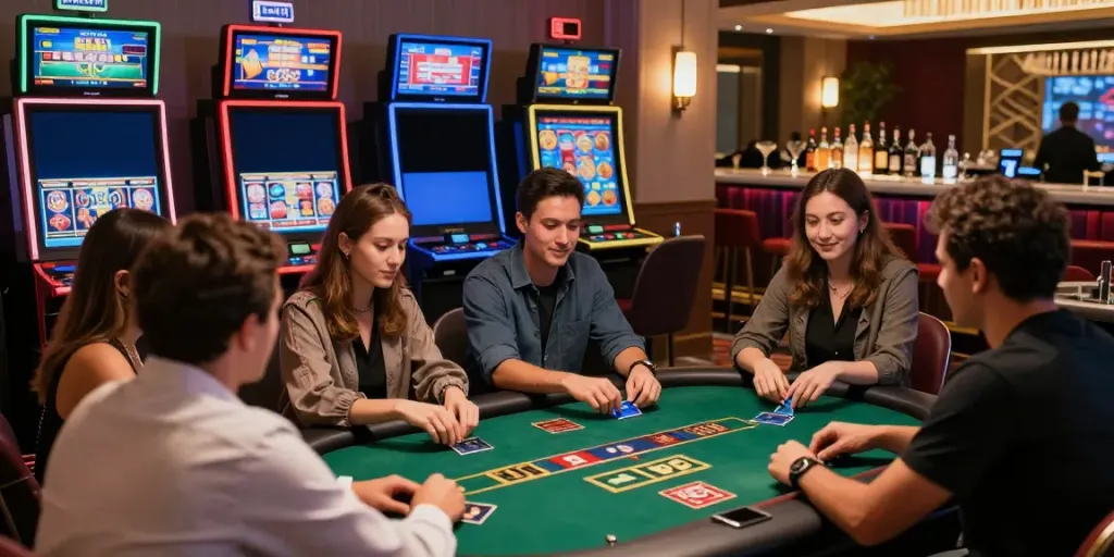 Diverse group of players enjoying credit card casinos, vibrant gaming atmosphere with modern machines.