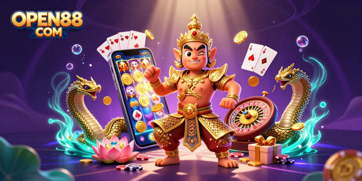 Engage in thrilling gaming at OPEN88 COM featuring vibrant casino elements and characters.