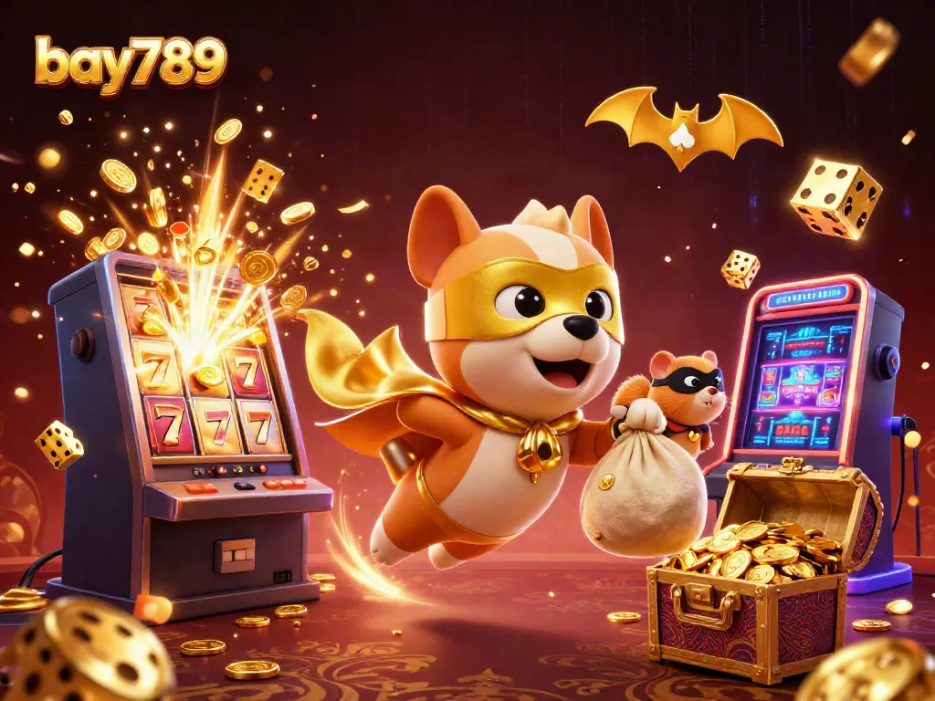 Experience the excitement of bay789 with a dynamic casino-themed illustration featuring a superhero dog and hamster.