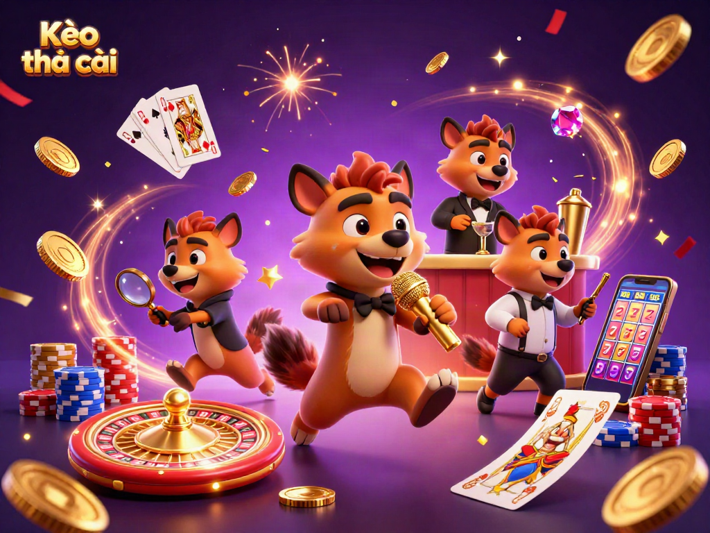 Engage with Kèo nhà cái as hyenas animate a vibrant comedy casino scene filled with gold coins and games.