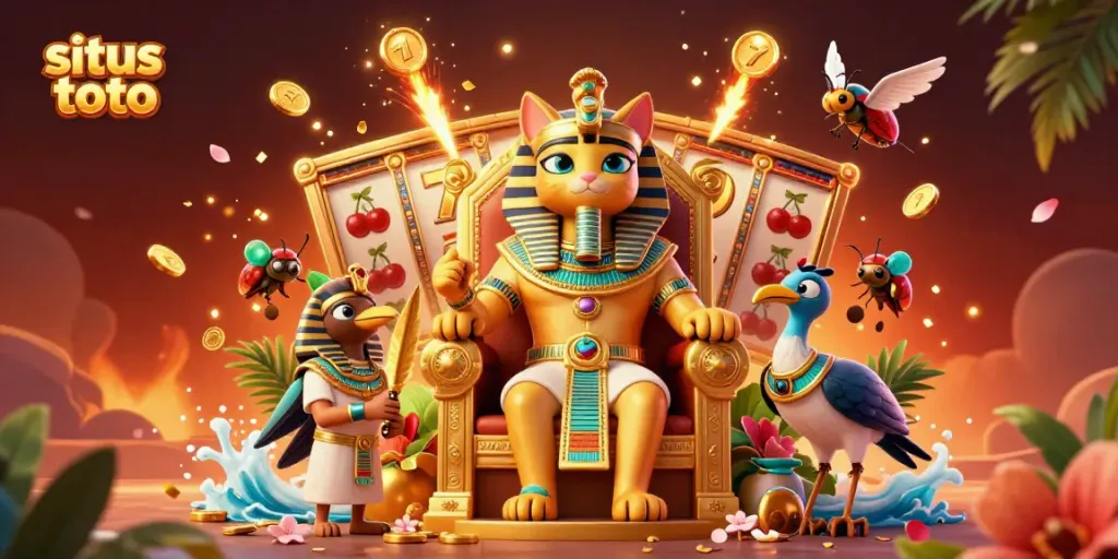 Experience situs toto thrills with spinning slot reels and vibrant characters in a dynamic casino scene.