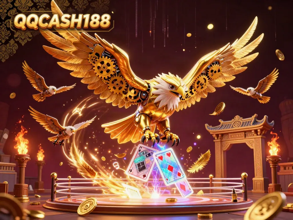 Experience thrilling moments with QQCASH188 as cybernetic eagle dives through holographic cards amid a vibrant casino scene.
