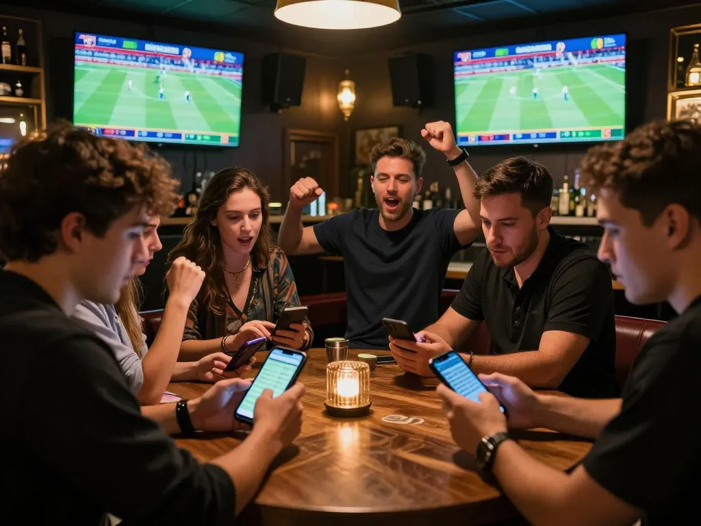 Sports bettors discussing strategies for betting on worldcup2026 matches at an energetic venue.