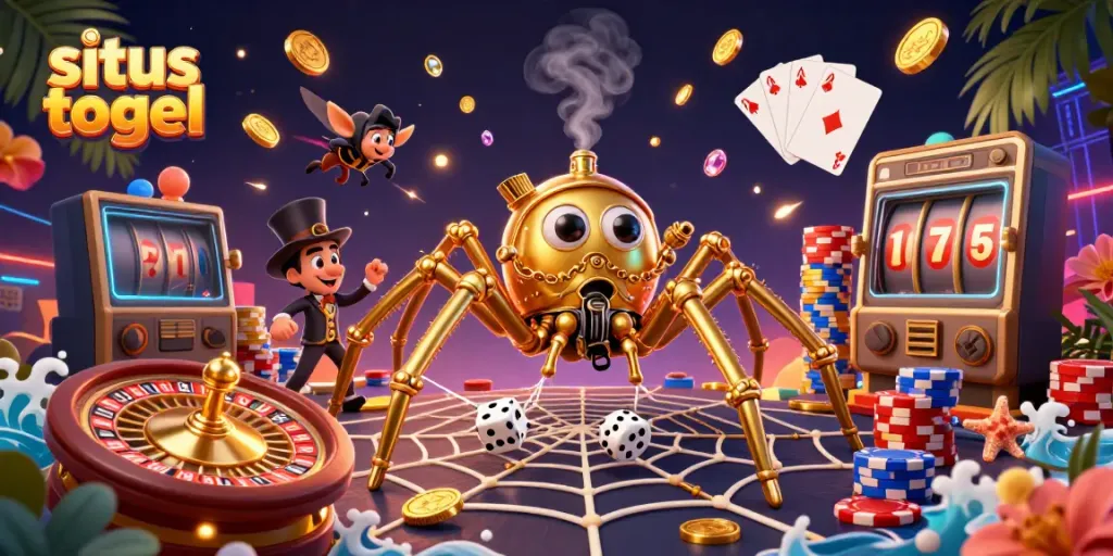 Engaging scene showcasing situs togel with a steampunk spider and colorful casino elements.