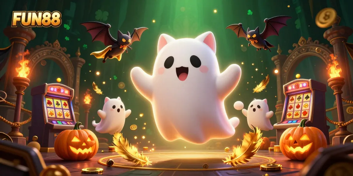 Experience FUN88 with a lively ghost cat and its vampire sidekick amidst a haunted casino.