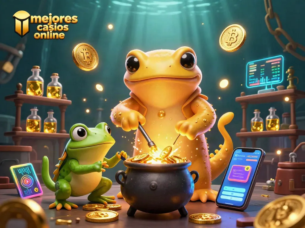 Transmite emoción en los mejores casinos online con esta ilustración mágica de oro y criptomonedas.