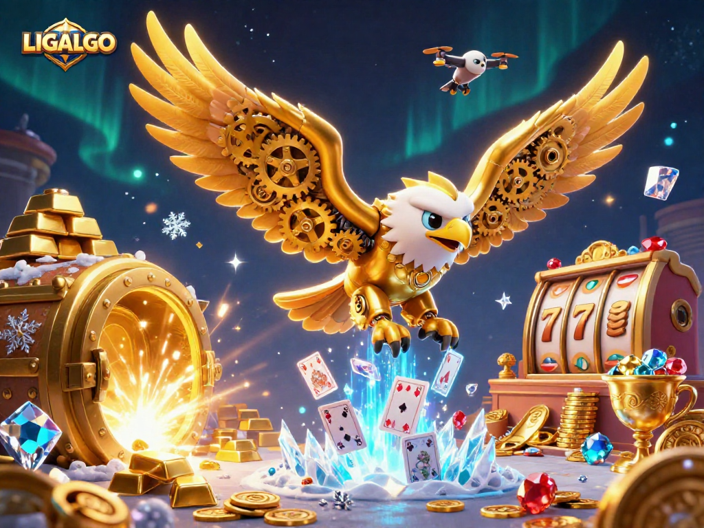 LIGALGO showcases a dynamic scene with a cybernetic eagle and slot elements in vibrant casino illustration.