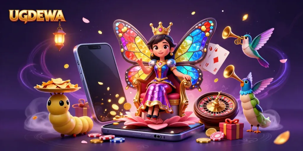 UGDEWA brings excitement with the butterfly queen in a vibrant casino scene filled with games and treasures.