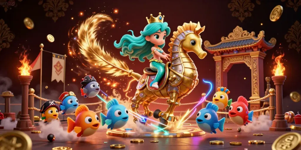 Win big with man88 at this vibrant 3D casino scene featuring a mermaid princess and seahorse amidst golden gaming elements.