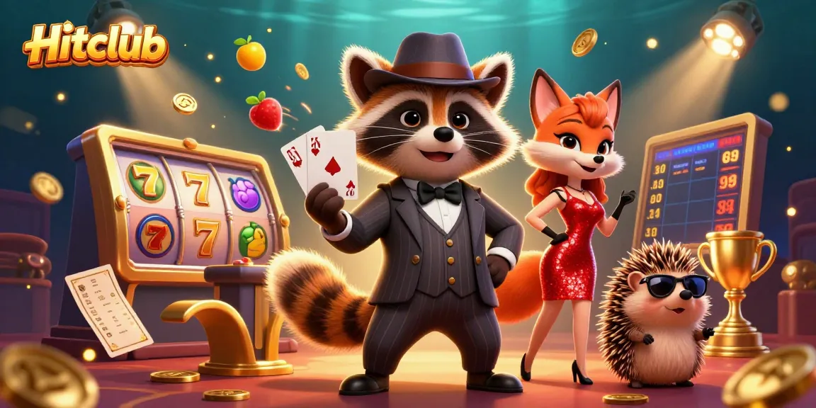 Experience excitement at Hitclub with a raccoon in a suit, winning a royal flush amid sparkling slots.