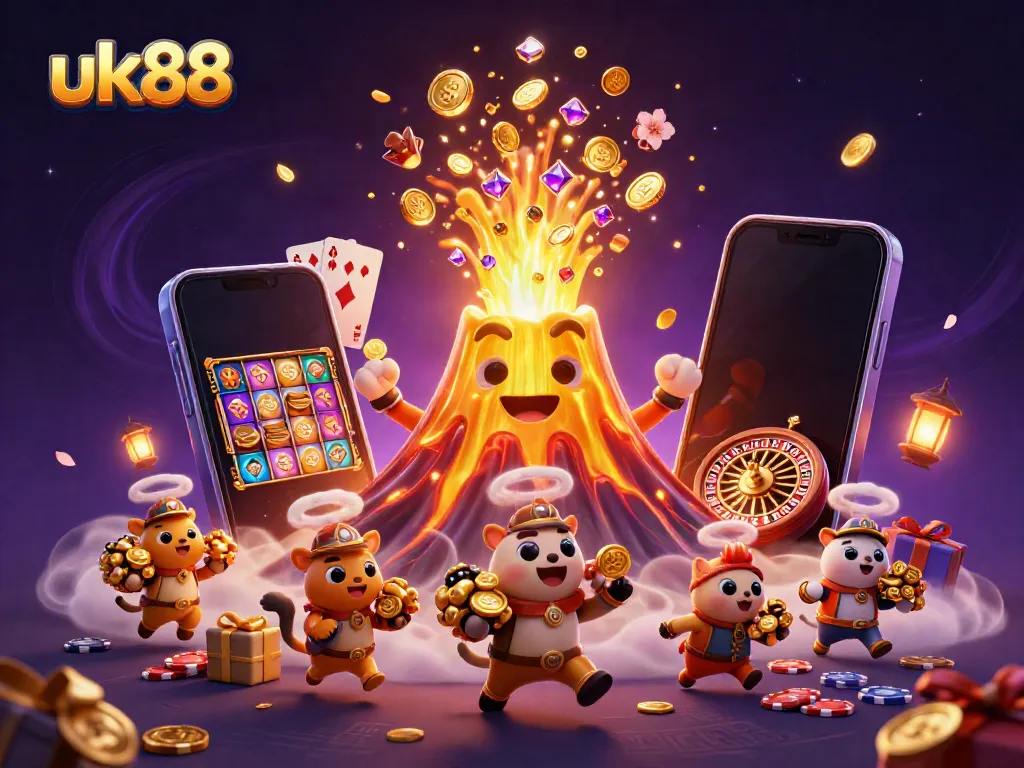 Experience an exhilarating gaming adventure at uk88, featuring a golden volcano erupting coins and exploring animals.