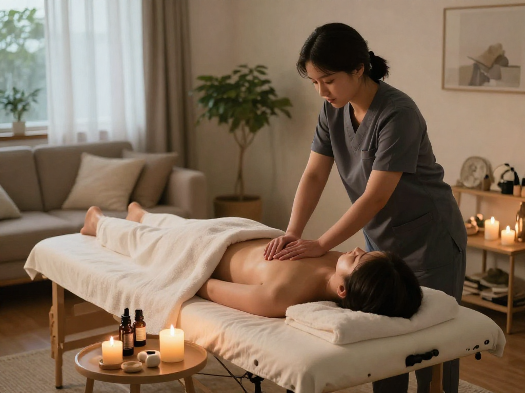 의정부출장마사지 service offering a relaxing home massage environment with soothing candles and warm lighting.