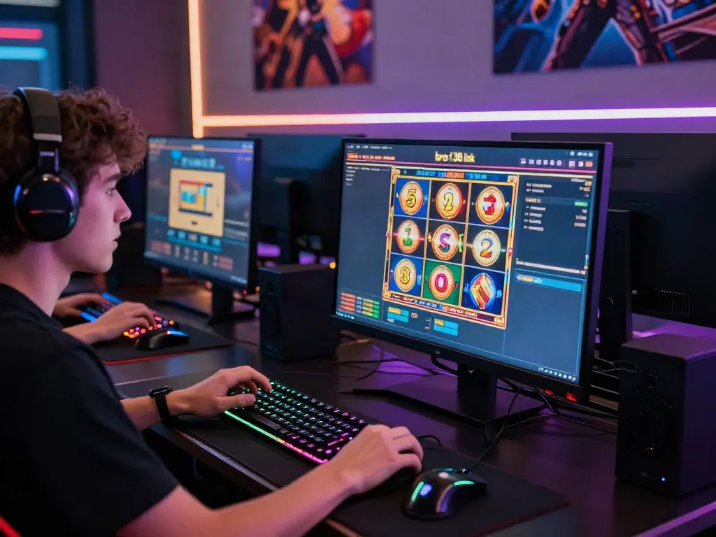 Player engaging with bro138 link on vibrant slot game, showcasing gaming setup and atmosphere.