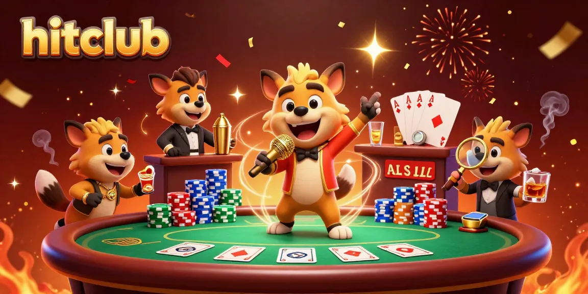 Hitclub hyenas perform comedy in a vibrant casino scene with poker elements.
