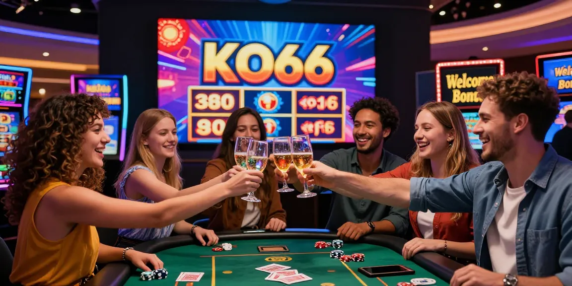 Excited group celebrating a KO66 online casino win with vibrant games in a lively atmosphere.