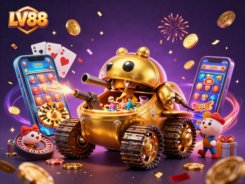 Experience LV88's dynamic casino action with a golden beetle tank and vibrant gameplay elements