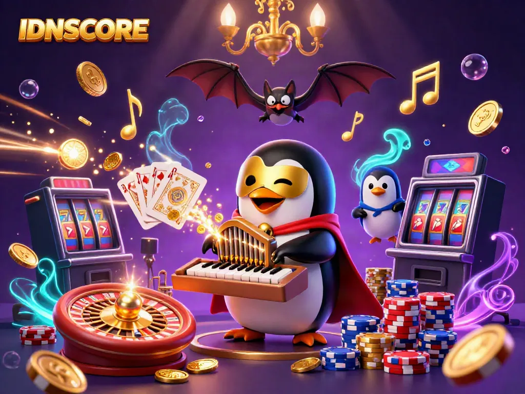 Engaging scene depicting IDNSCORE where a penguin plays music and gold coins cascade, capturing the excitement of online gaming.