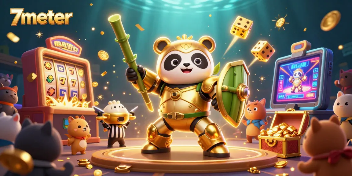 Join 7meter in an exciting casino scene with slots, golden pandas, and a jackpot explosion!
