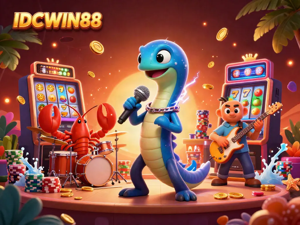 Win big with IDCWIN88’s vibrant casino scene featuring an electric eel DJ and colorful slot games.