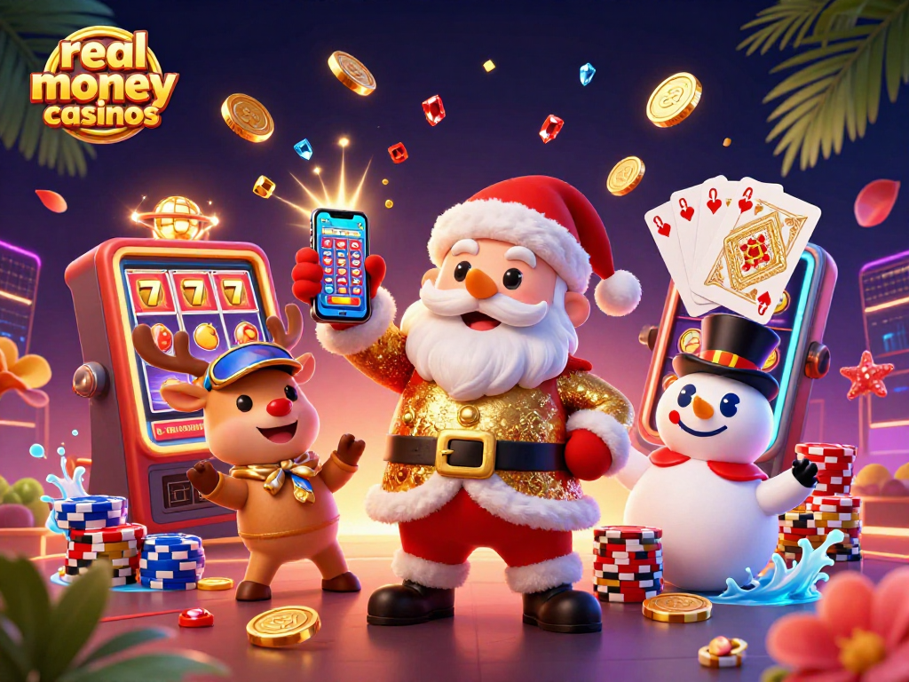 Engage with real money casinos featuring Santa, a reindeer dealer, and a poker chip snowman amidst vibrant casino symbols.