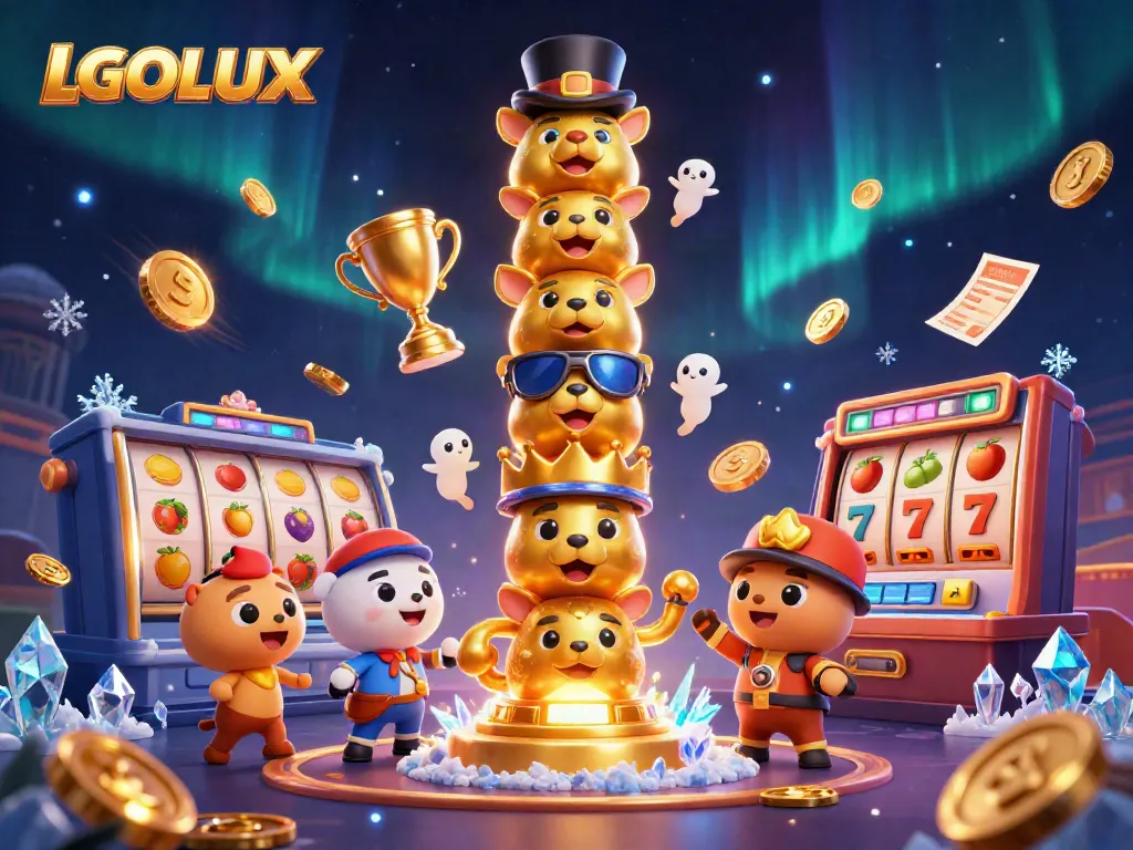 Experience LGOLUX's thrilling promotions with a vibrant 3D casino illustration showcasing dynamic gaming elements.