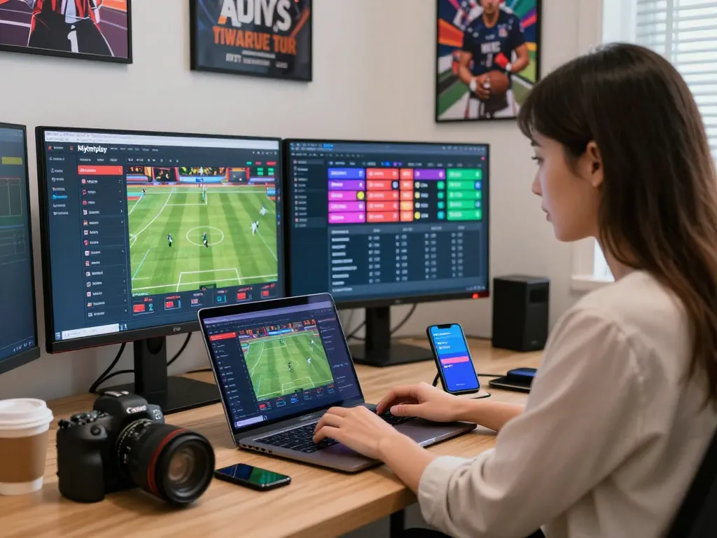 Woman using Myfairplay pro login on a laptop in modern office setting with vibrant sports betting displays.