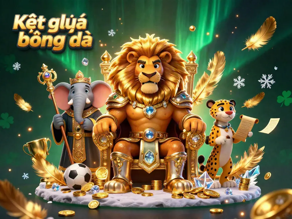 Kết quả bóng đá scene with a lion king, elephant advisor, and cheetah messenger in an energetic sports betting theme.