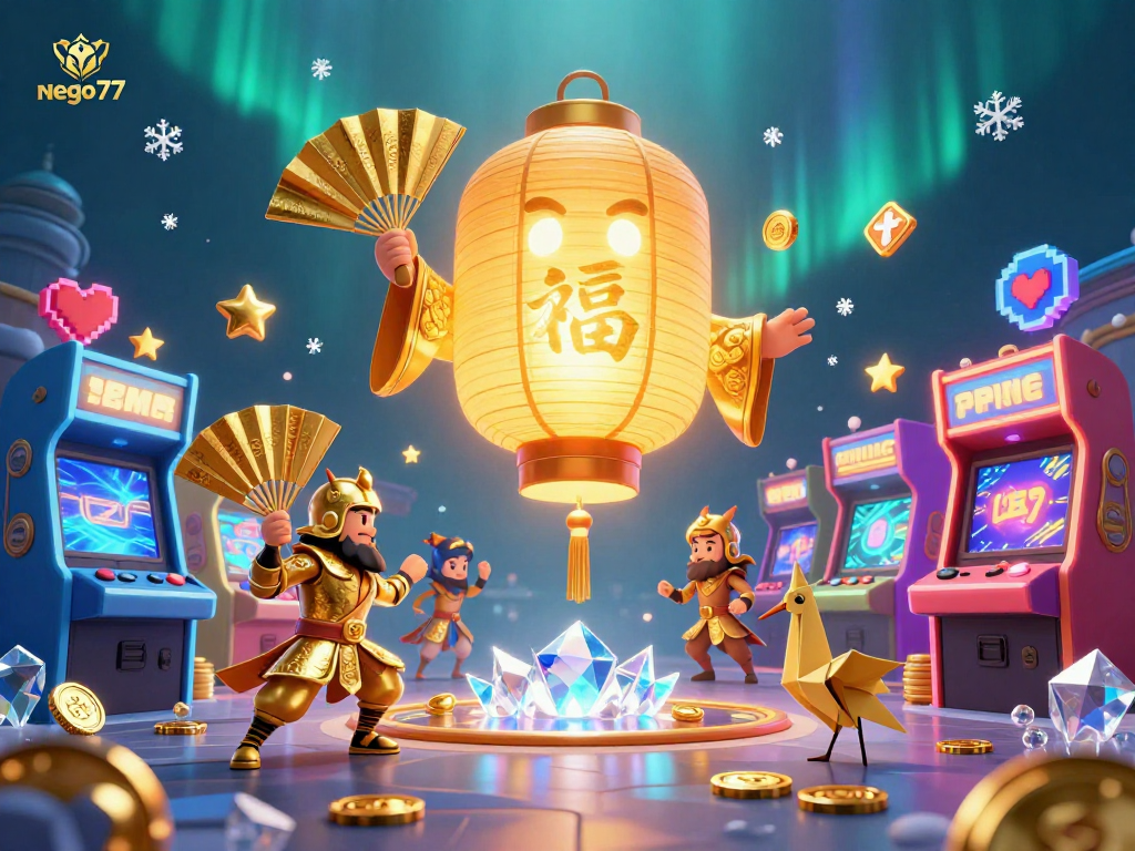 Engage with the vibrant casino world of nego77 featuring a glowing lantern spirit and dynamic gaming elements.