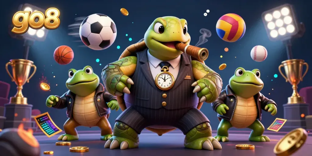 Experience the vibrant go8 casino scene with a snapping turtle mobster and enforcers amidst dynamic sports elements.