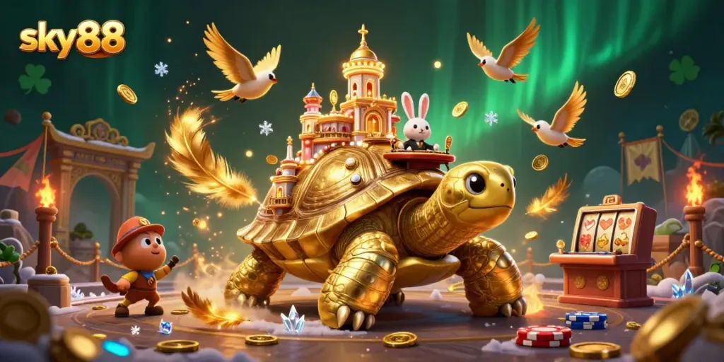 Experience thrilling gameplay at sky88 with a vibrant 3D scene of a casino tortoise and animated elements.