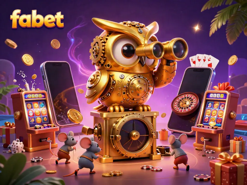 Fabet's golden owl showcases a vibrant casino scene, scanning unique slot machines