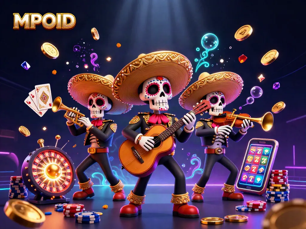 MPOID engages players with a vibrant 3D illustration of a mariachi band amidst casino elements.