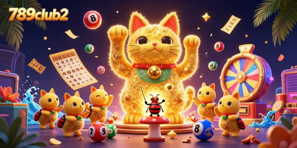 Experience excitement with 789club2's mega lucky cat surrounded by vibrant lottery elements.