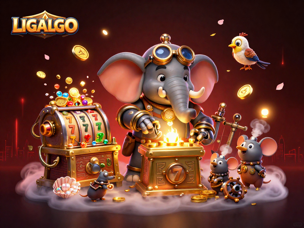 LIGALGO slot machine design featuring a steampunk elephant and captivating casino elements for an engaging gaming experience.
