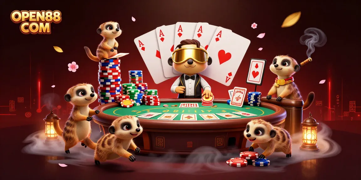 Experience thrilling gameplay at OPEN88 COM with a lively meerkat casino scene featuring poker action and vibrant gaming elements.