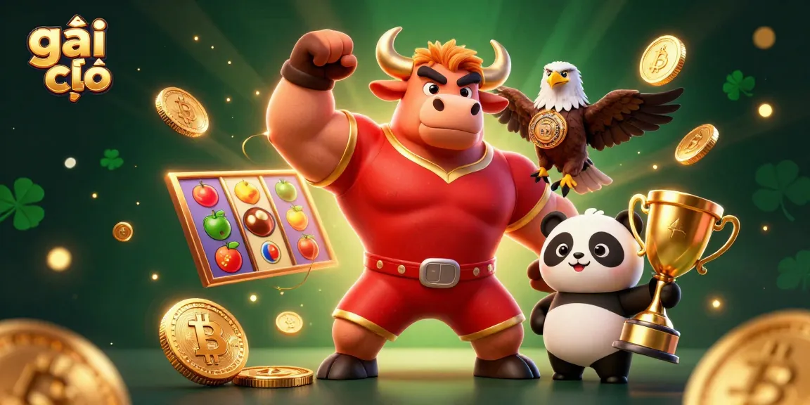 Experience thrilling gambling with gái gọi as a muscular mascot celebrates winnings with glowing coins in a vibrant casino setting.