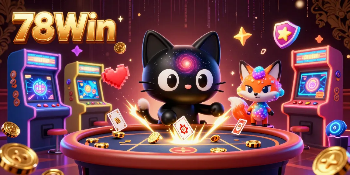 78Win's cosmic casino scene showcases a mesmerizing black hole cat pulling in chips and cards, captivating players.