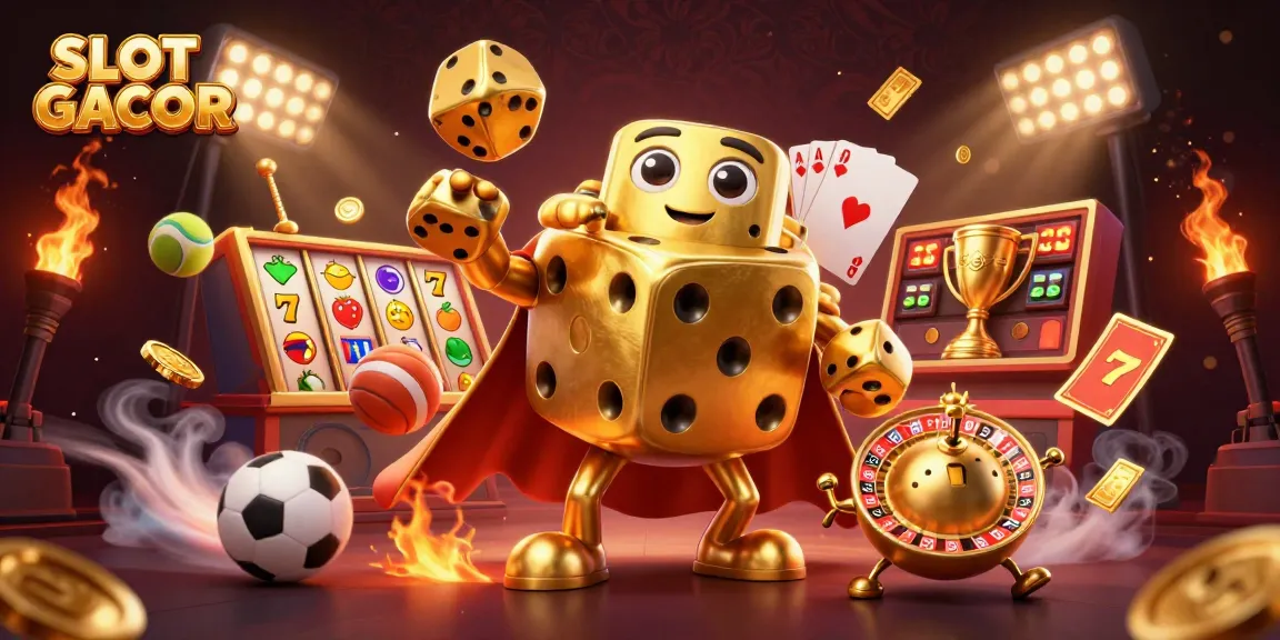 SLOT GACOR showcases a vibrant casino scene with golden dice and dynamic slot elements spinning, perfect for online gamblers.