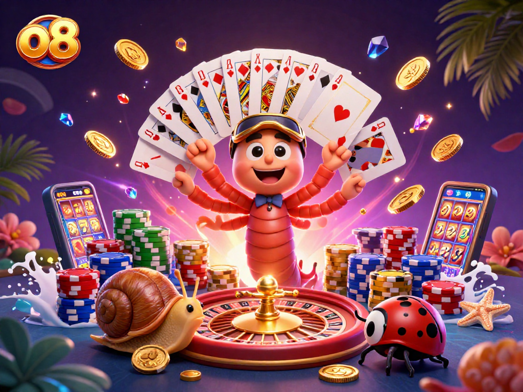 Experience thrilling gameplay at o8 with a vibrant 3D casino scene featuring dynamic characters and sparkling game elements.