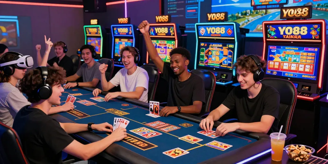 Exciting YO88 gaming scene showcasing players enjoying diverse card games and slots.