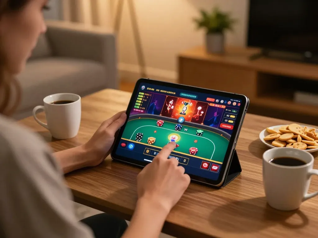 Engaging in online gaming on trang chủ cm88 with a live dealer poker game on a tablet.