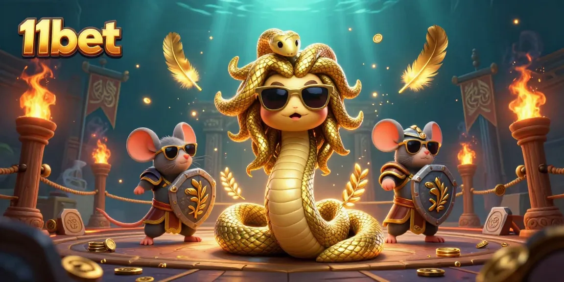 Play exciting games at 11bet featuring Medusa and warrior elements amidst a dynamic casino scene.