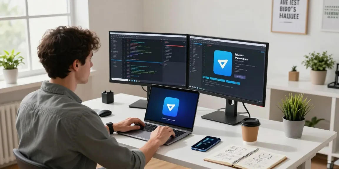 Focused developer using tools for Telegram Download in a bright modern workspace